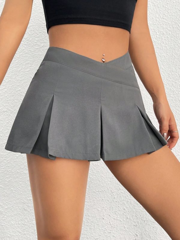 Women'S Solid Color V-Shaped Waistband Pleated Mini Skirt