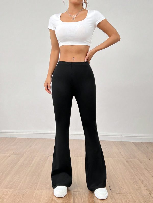 Solid Elastic Waist Flare Leg Leggings