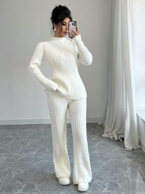 Women's Ribbed 2 Piece Knitted Set, Casual Loose Fit Pullover Sweater, Autumn Winter