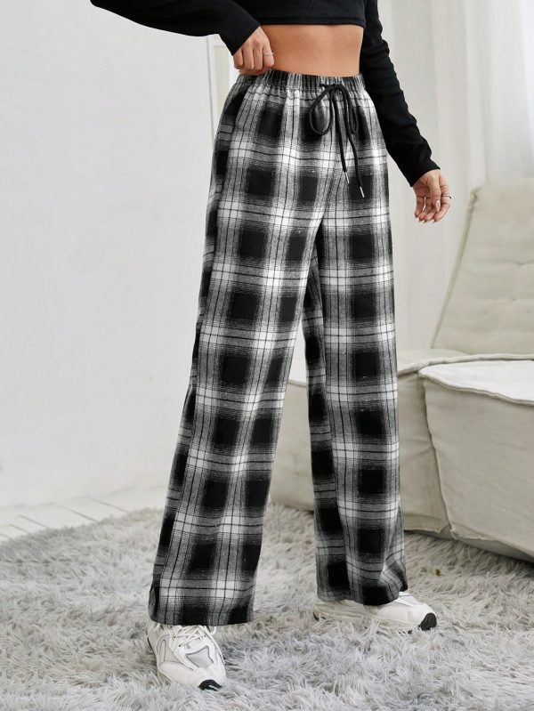 Women's Drawstring Waist Plaid Long Pants