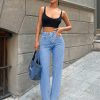 Women's Solid Color Wide Leg Denim Pants With Slanted Pockets