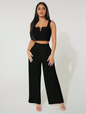 Women's Notch Neck Cropped Vest And Wide Leg Pants 2pcs/Set For Summer