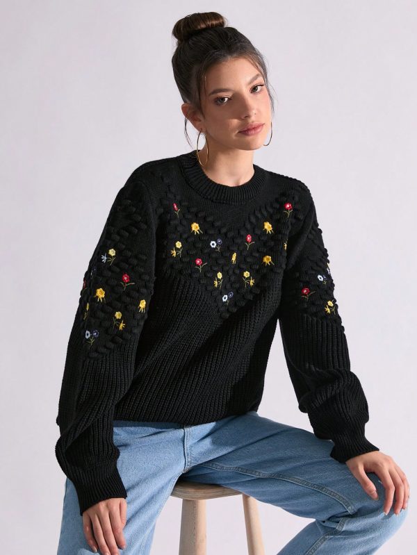 WOMEN FLOWER EMBRODERY FANCY SWEATER