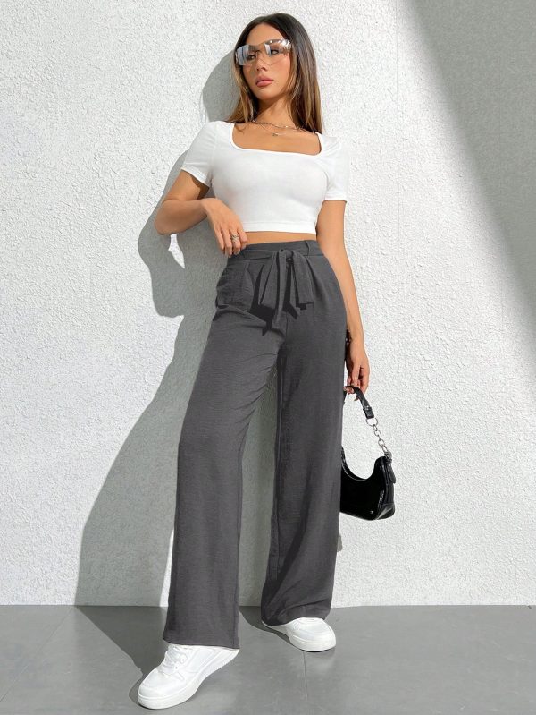 Solid Color Tie Waist Wide Leg Pants