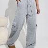 Women's Gray Knit Thick Fleece Lined Ankle Length Casual Utility Baggy Sweatpants