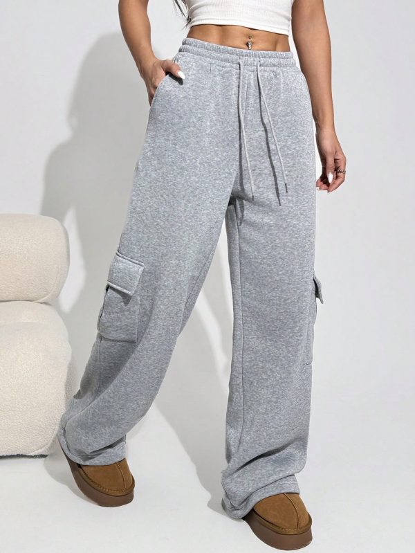 Women's Gray Knit Thick Fleece Lined Ankle Length Casual Utility Baggy Sweatpants
