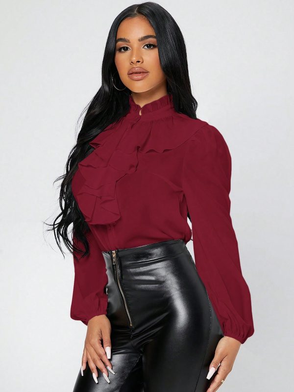 Women's Woven Solid Color Ruffle Hem Long Sleeve Blouse