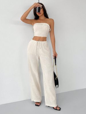 Linen Fabrics Solid Color Halter Top And Pants Casual Set