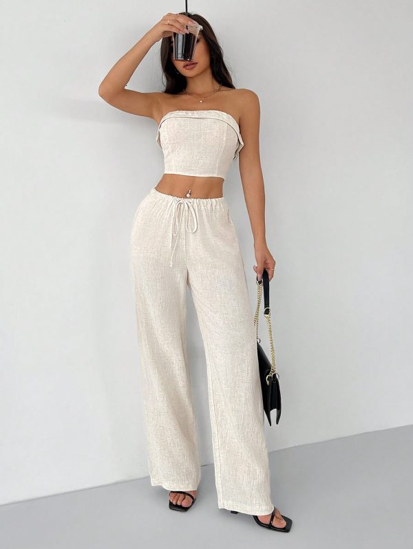 Linen Fabrics Solid Color Halter Top And Pants Casual Set