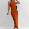 Backless Twist Back Split Hem Halter Dress