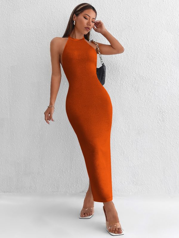 Backless Twist Back Split Hem Halter Dress