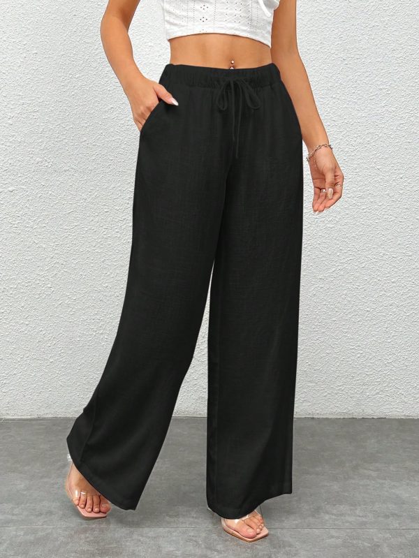 Women's Black Woven Wide-Legged Pants With Waist Tie, Casual
