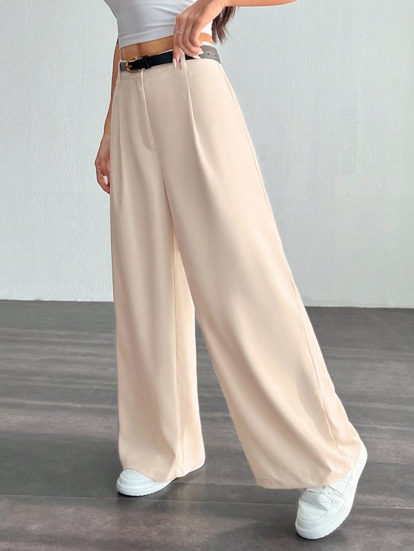 Women's Pleated High Waist Belted Wide Leg Casual & Commuting Pants In Beige
