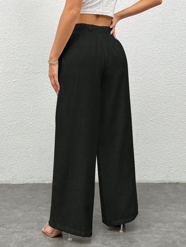 Women's Black Woven Wide-Legged Pants With Waist Tie, Casual