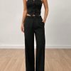 Ladies' Plain Strapless Top With Single-Breasted Button And Pants Two Piece Set