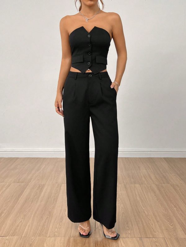Ladies' Plain Strapless Top With Single-Breasted Button And Pants Two Piece Set
