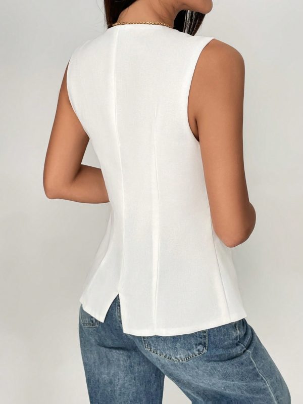 Solid Round Neck Button Front Vest Blazer