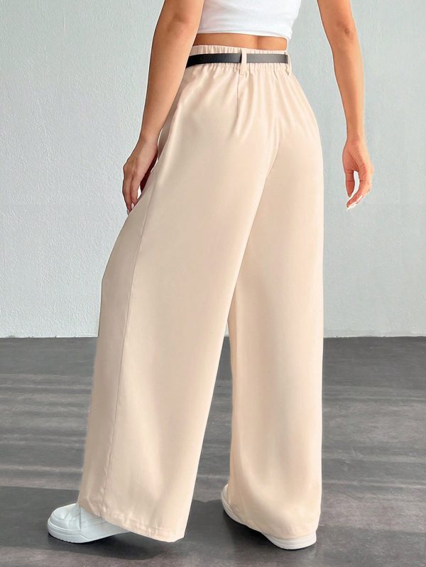 Women's Pleated High Waist Belted Wide Leg Casual & Commuting Pants In Beige