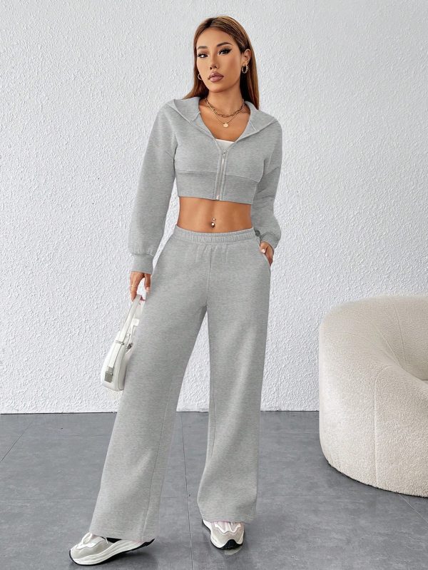 Women's FashionableZip Front Hooded Sweatshirt And Pants Two Piece Set