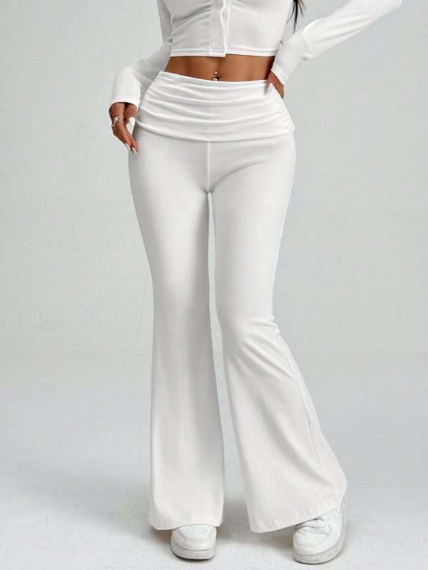 White Y2k Solid Ruched Flare Leg Pants Flare Leggings
