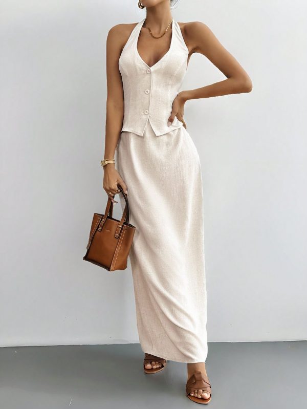 Halter-Neck Buttoned Top And Elegant Loose Skirt Two-Piece Set