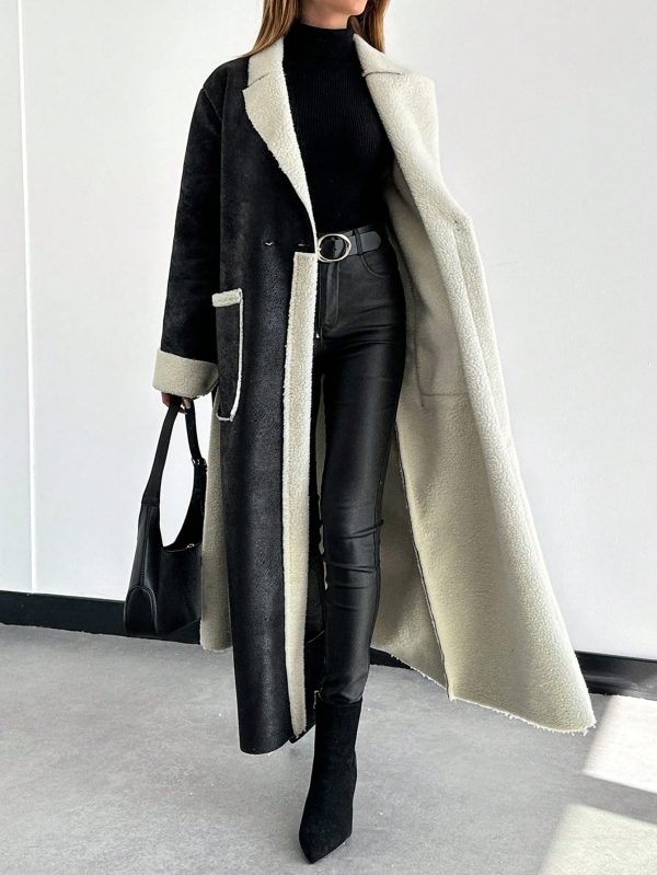 Women's Dual Pocket Belted Teddy Lined PU Leather Coat