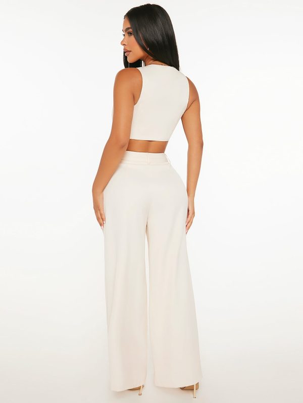 Button Front Vest Jacket & Wide Leg Pants