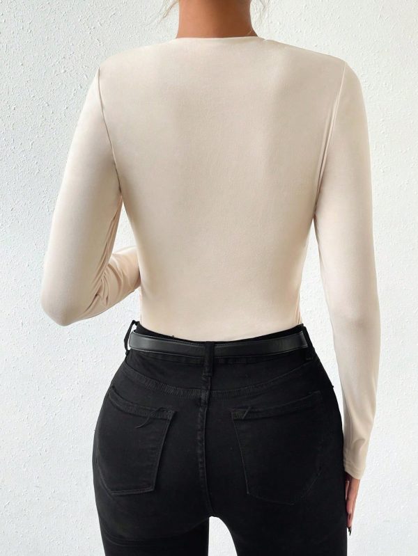 Apricot Color Turtleneck Ruched Long Sleeve Bodysuit For Women