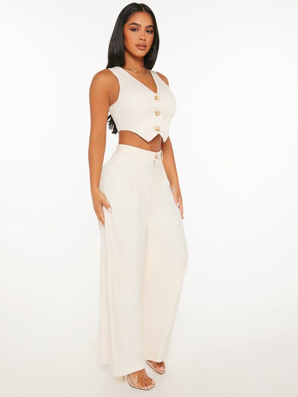 Button Front Vest Jacket & Wide Leg Pants