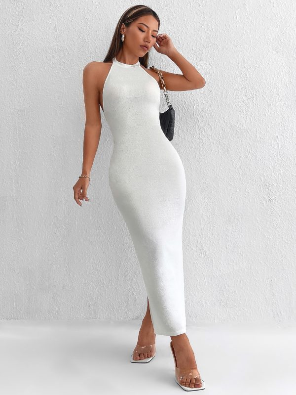 Backless Twist Back Split Hem Halter Evening Dress