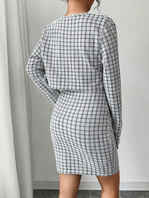 Women Black & White Plaid Black Gold Button Short Jacket & Cami Midi Dress Set