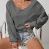 Women's Solid V-Neck Batwing Sleeve Casual Loose Sweatshirt, Autumn/Winter