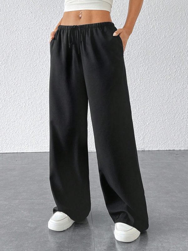 Drawstring Waist Long Pants With Pockets, Loose Pant