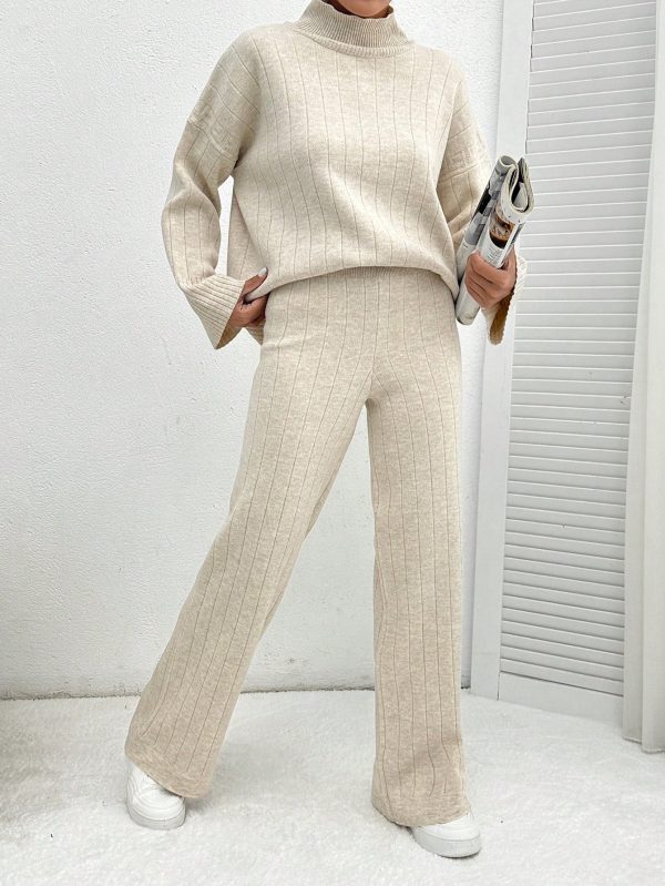 Solid Color Long-Sleeved Sweater And Knitted Trousers Two-Piece Set