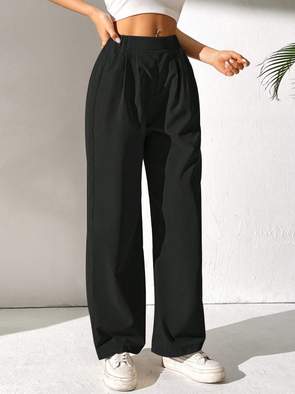 High Waist Pleated Details Elastic Waist Slant Pockets Versatile Wide Leg Pants.
