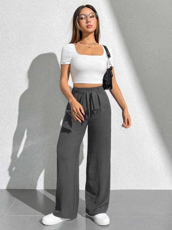 Solid Color Tie Waist Wide Leg Pants