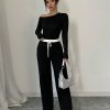 Solid Color Oblique Collar Long Sleeve Top And Contrast Color Pants 2 Piece Set, Autumn/Winter