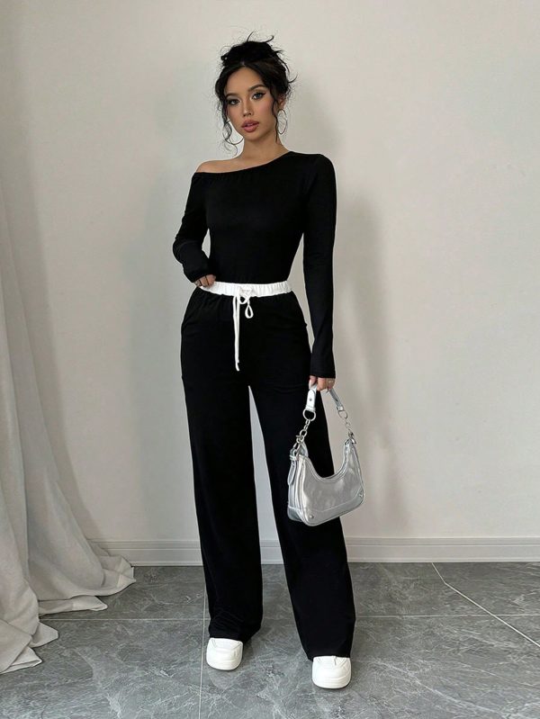 Solid Color Oblique Collar Long Sleeve Top And Contrast Color Pants 2 Piece Set, Autumn/Winter
