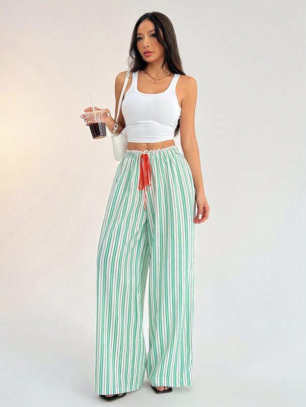 Casual Woven Striped Mid-Rise Loose Wide-Leg Women's Trousers