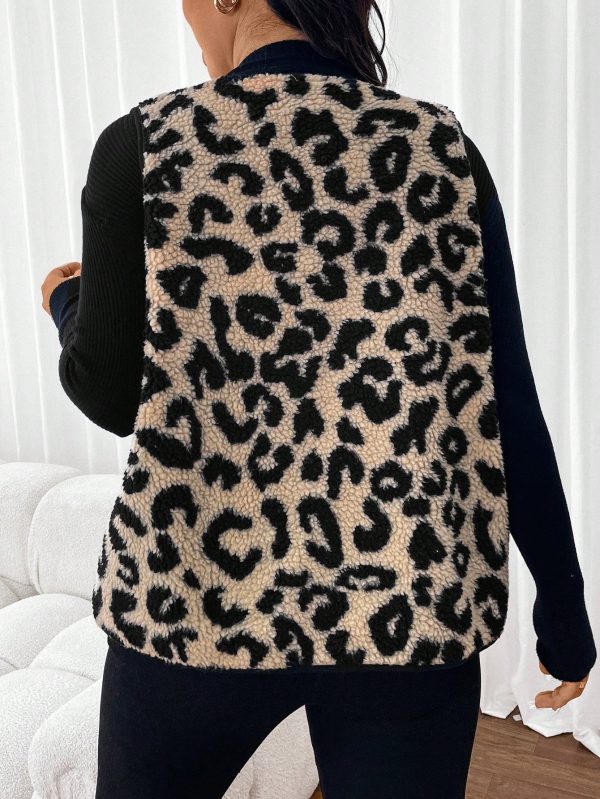 Plus Size Women Sleeveless Leopard Print Fleece Lined Vest