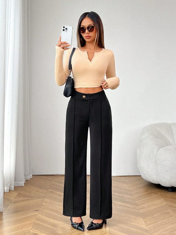 Commuting Elegant Irregular Waist Button Zipper Straight Pants Women's Black Trousers
