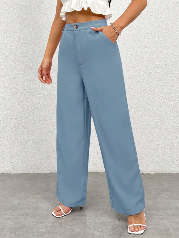 Women's Solid Color Button Zipper Straight Leg Casual Pants