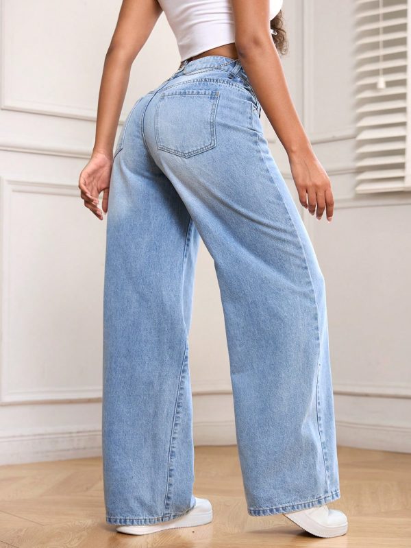 Women Casual Pockets Wide-Leg Loose Fit Denim Jeans