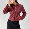 Women Solid Minimal Collared Long Sleeve Zip Up Red PU Leather Jacket