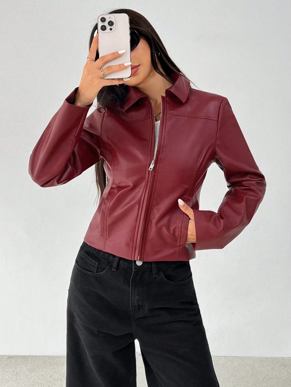 Women Solid Minimal Collared Long Sleeve Zip Up Red PU Leather Jacket