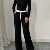 Solid Color Oblique Collar Long Sleeve Top And Contrast Color Pants 2 Piece Set, Autumn/Winter