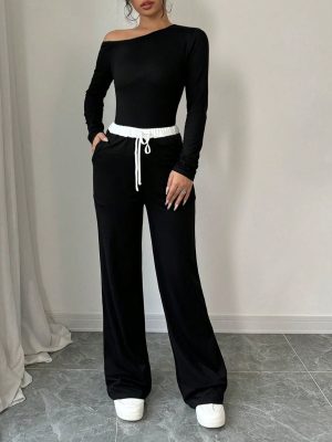 Solid Color Oblique Collar Long Sleeve Top And Contrast Color Pants 2 Piece Set, Autumn/Winter