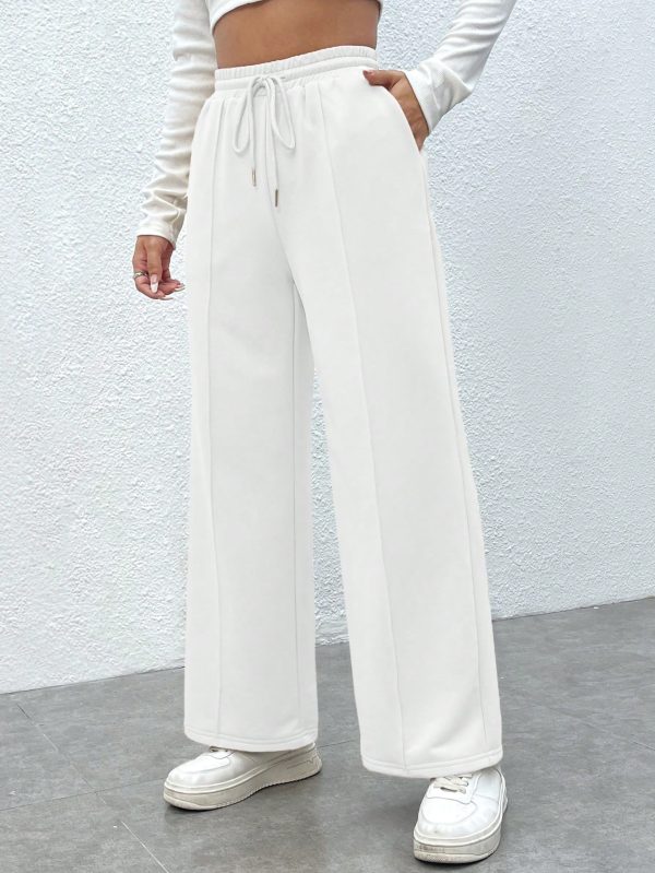 Ladies' Solid Color Drawstring Waistband Casual Wide Leg Shorts With Pockets