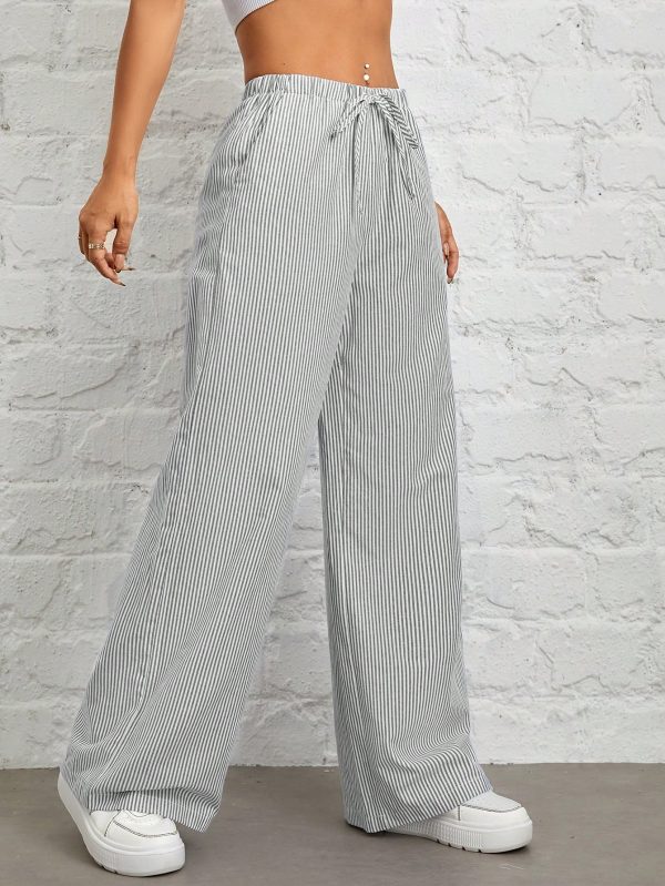 Women's Casual High Waist Gray Vertical Striped Wide Leg Pants