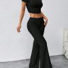Women's Solid Color Pleated Off Shoulder Cropped T-Shirt And Flare Pants Two-Piece Set